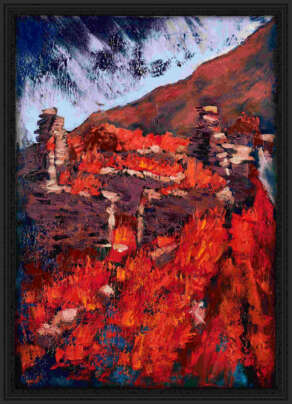 artist rod coyne's landscape "Cill Rialaig Ruins West" is shown here, in a black frame.