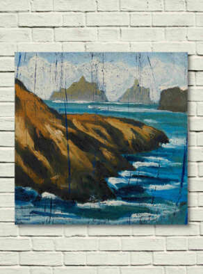 artist rod coyne's seascape "Kerry Islands" is shown here, unframed on a white wall.