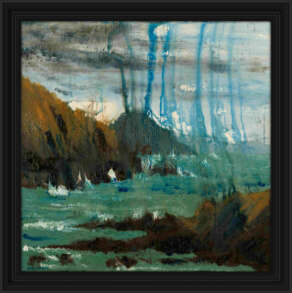 artist rod coyne's seascape "Horse Islands" is shown here, in a black frame.