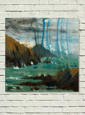 artist rod coyne's seascape "Horse Islands" is shown here, unframed on a white wall.