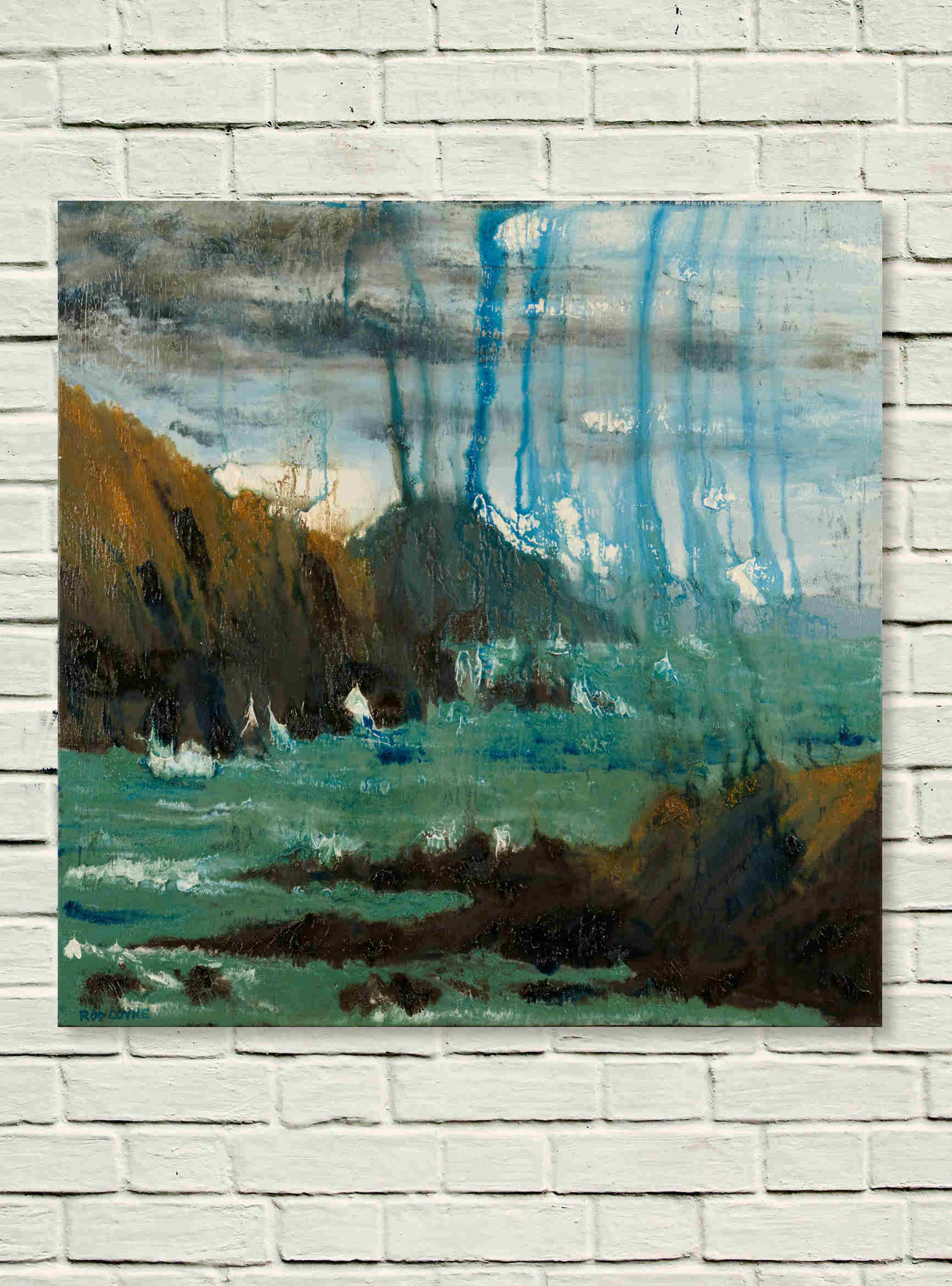 artist rod coyne's seascape "Horse Islands" is shown here, unframed on a white wall.