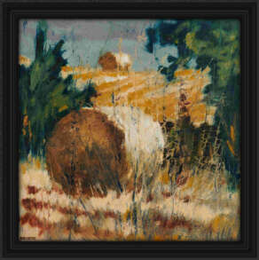 artist rod coyne's landscape "Bale on the Hill" is shown here, in black frame.