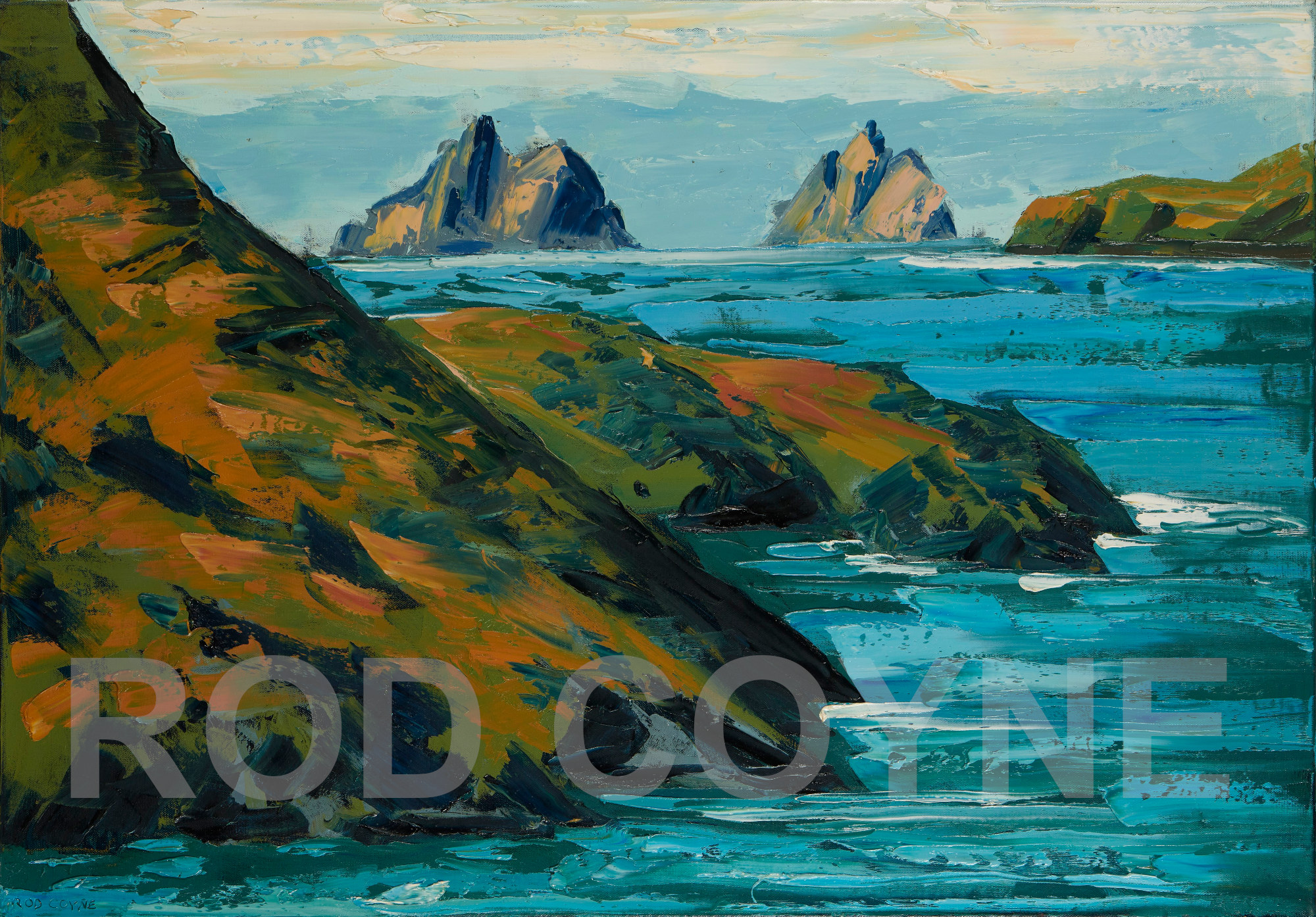 artist rod coyne's landscape "Skellig Horizon" is shown here, in a black fram on a white wall.