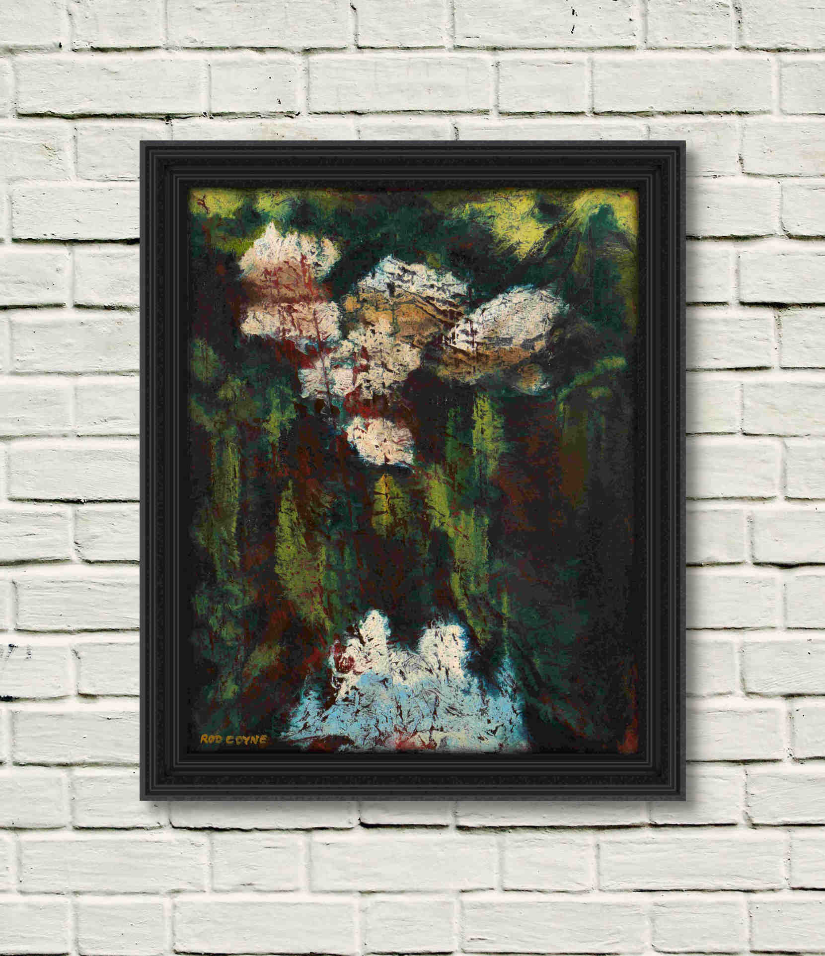 artist rod coyne's landscape "Avonmore Reflections, Boulders" is shown here, in a black frame on a white wall.