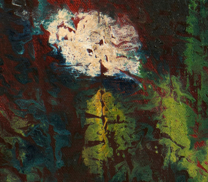artist rod coyne's landscape "Avonmore Reflections, Boulders" is shown here, in a close up detail.