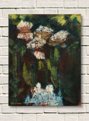 artist rod coyne's landscape "Avonmore Reflections, Boulders" is shown here, unframed on a white wall.