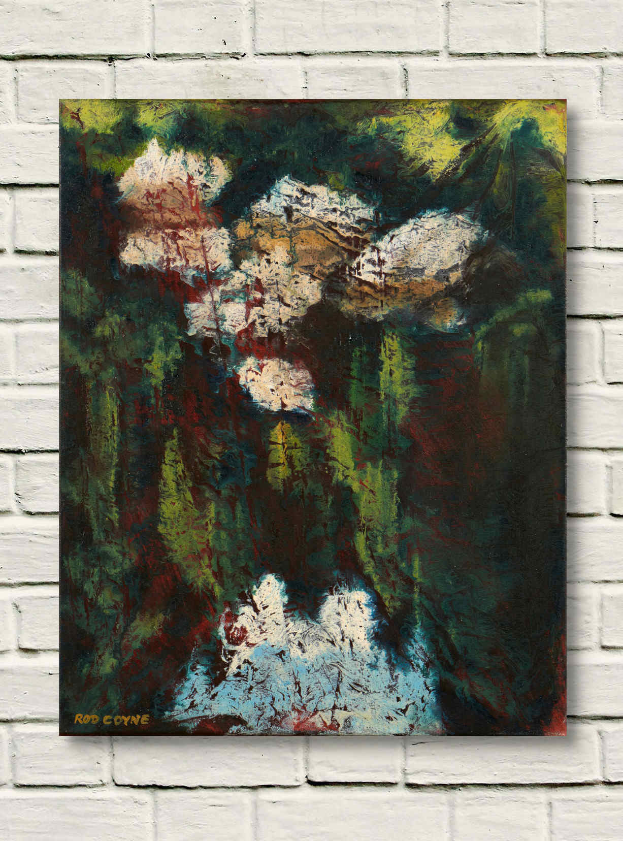artist rod coyne's landscape "Avonmore Reflections, Boulders" is shown here, unframed on a white wall.