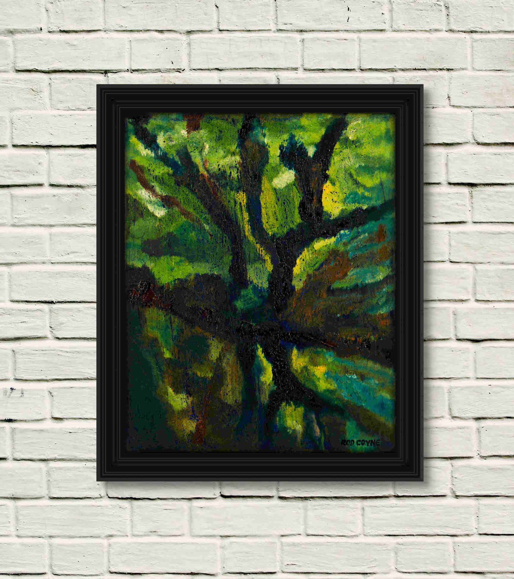 artist rod coyne's landscape "Avonmore Reflections, Oak Tree" is shown here, in a black frame on a white wall.