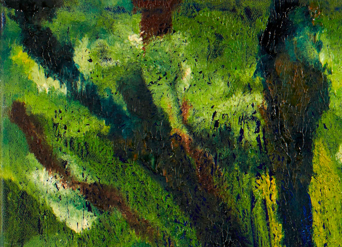 artist rod coyne's landscape "Avonmore Reflections, Oak Tree" is shown here, in a close up detail.