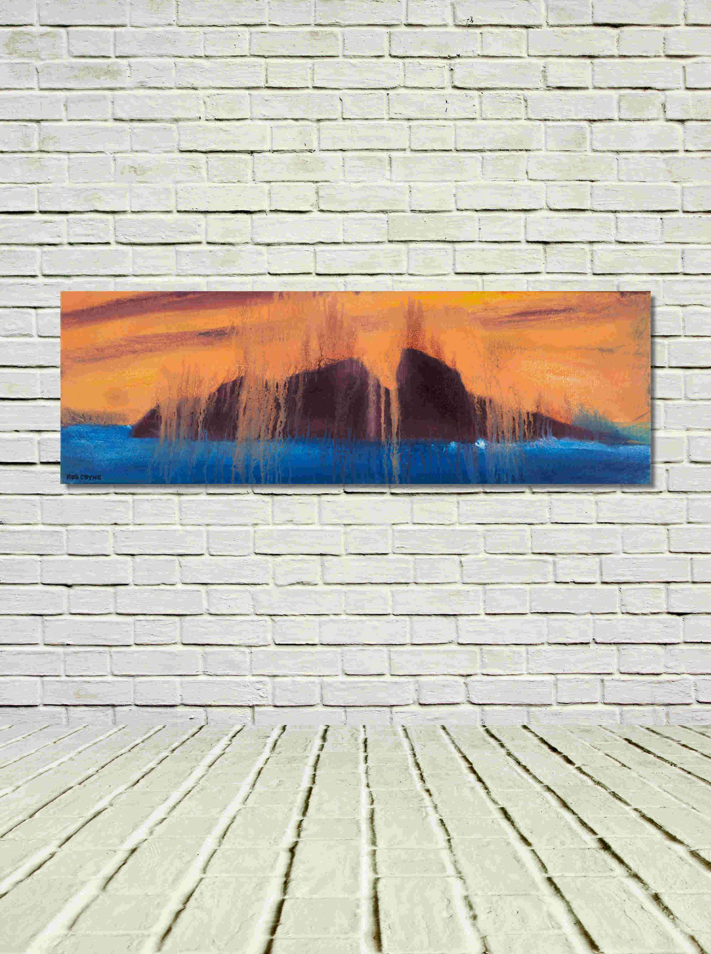 artist rod coyne's landscape "Puffin Meltdown" is shown here, unframed on a white wall.