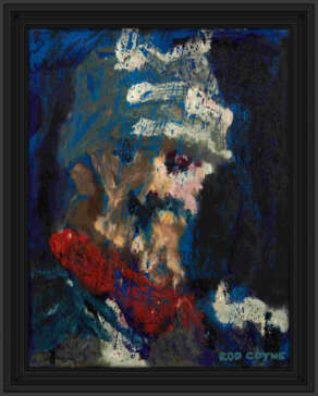 artist rod coyne's portrait "Don Quiote" is shown here in a black frame.