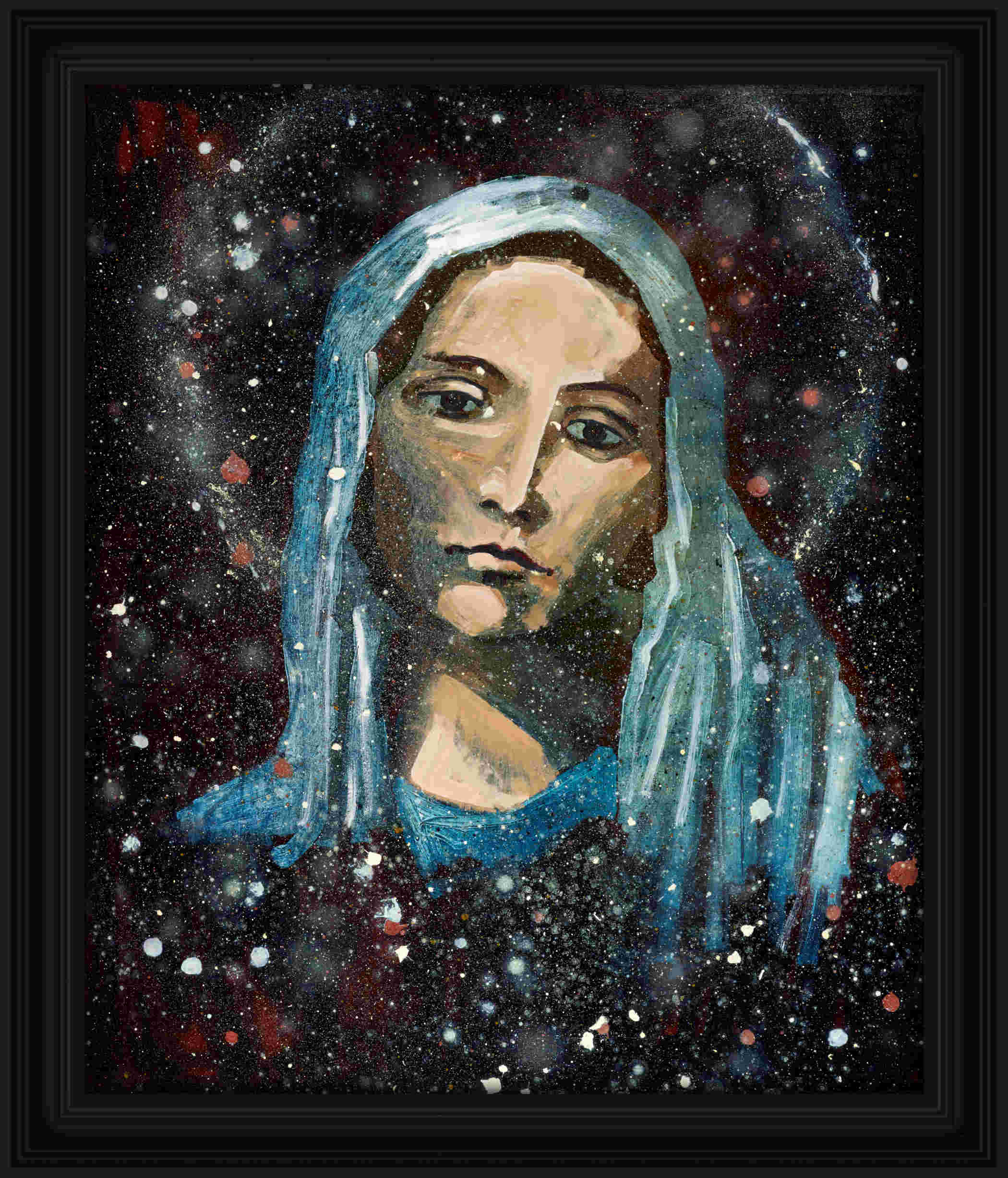 artist rod coyne's portrait "Mary Mother Nature" is shown here, in a black frame.