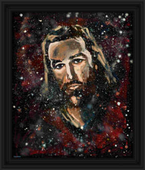 artist rod coyne's portrait "jesus" is shown here, in a black frame.