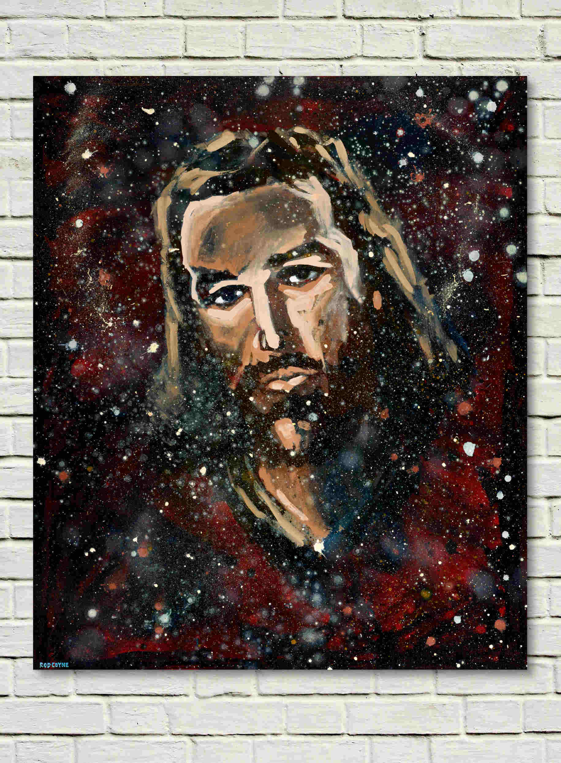artist rod coyne's portrait "jesus" is shown here, on a white wall.