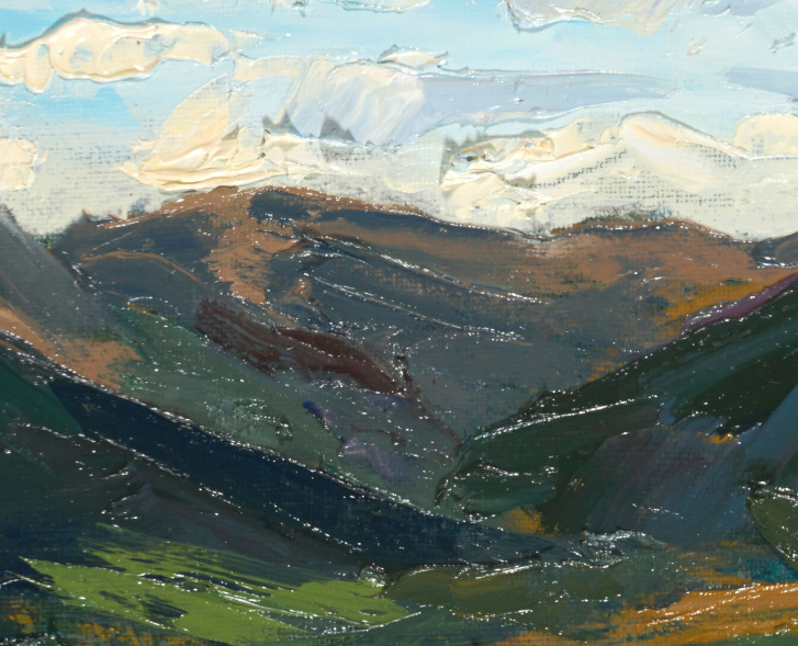 triptych artist rod coyne's painting "mottee stone" is shown here in a close up detail.