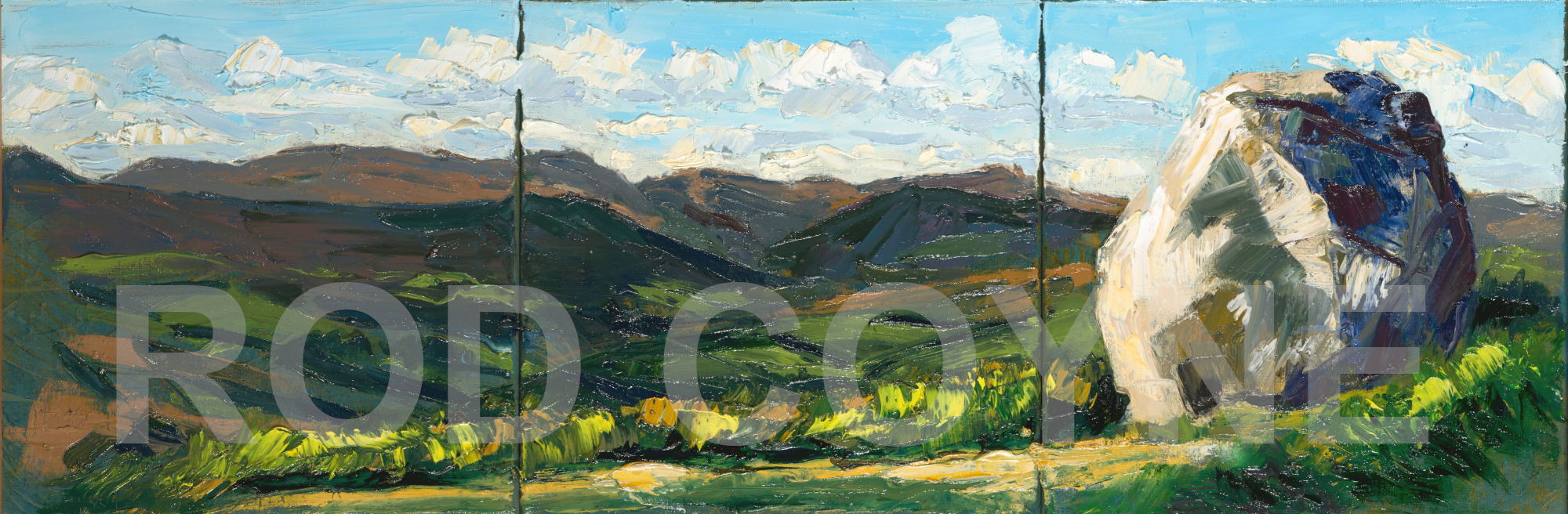 artist rod coyne's triptych painting "mottee stone" is shown here watermarked.