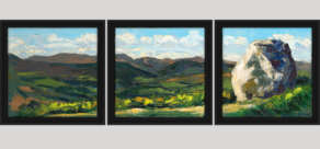 artist rod coyne's triptych painting "mottee stone" is shown here in three black frames on a light grey background.