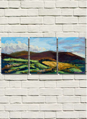 artist rod coyne's triptych painting "Croghan from Aughrim" is shown here on a white brick wall.
