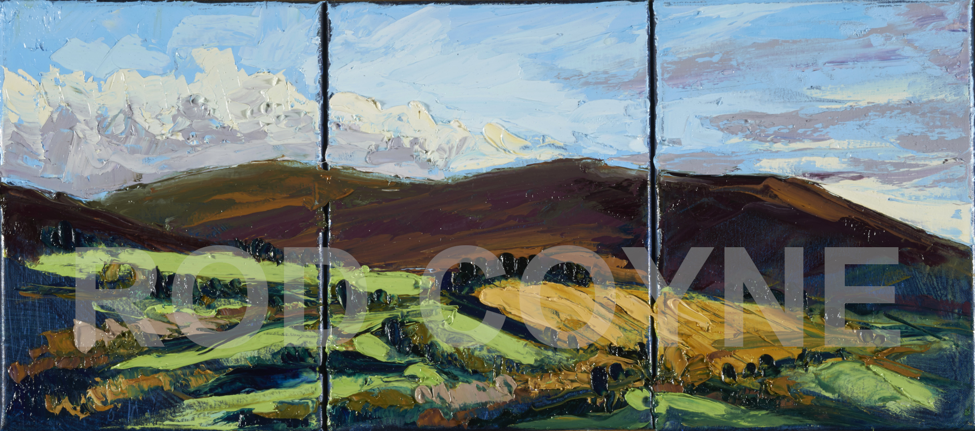 artist rod coyne's triptych painting "Croghan from Aughrim" is shown here in watermarked.