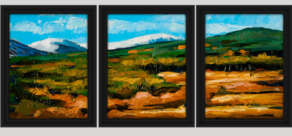 artist rod coyne's triptych painting "lugnaquillq from aughavana" is shown here in three black frames.