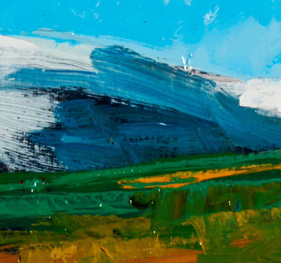 artist rod coyne's triptych painting "lugnaquillq from aughavana" is shown here i a close up detail.