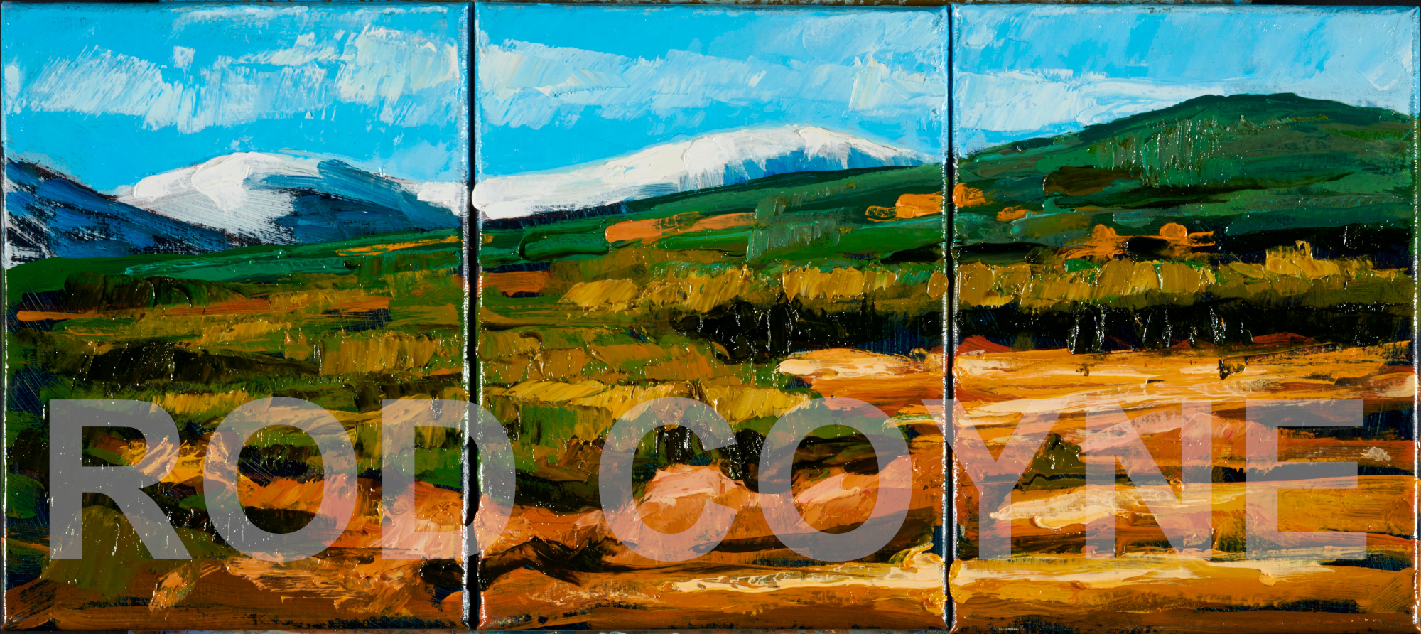 artist rod coyne's triptych painting "lugnaquilla from aughavana" is shown here watermarked.