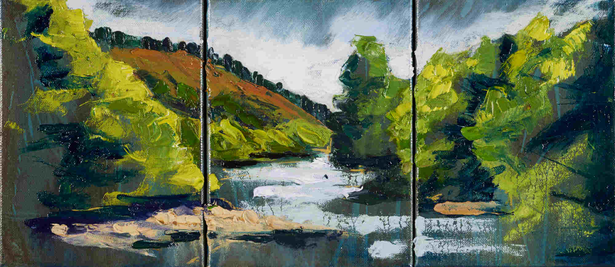 artist rod coyne's triptych painting "summer solstice meeting of the waters" is shown here cropped for facebook.